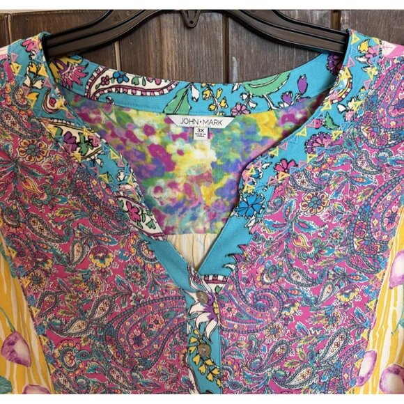 John Mark Womens 3X Cherries Paisley Patchwork Yellow Teal Tunic NWT - Picture 6 of 12